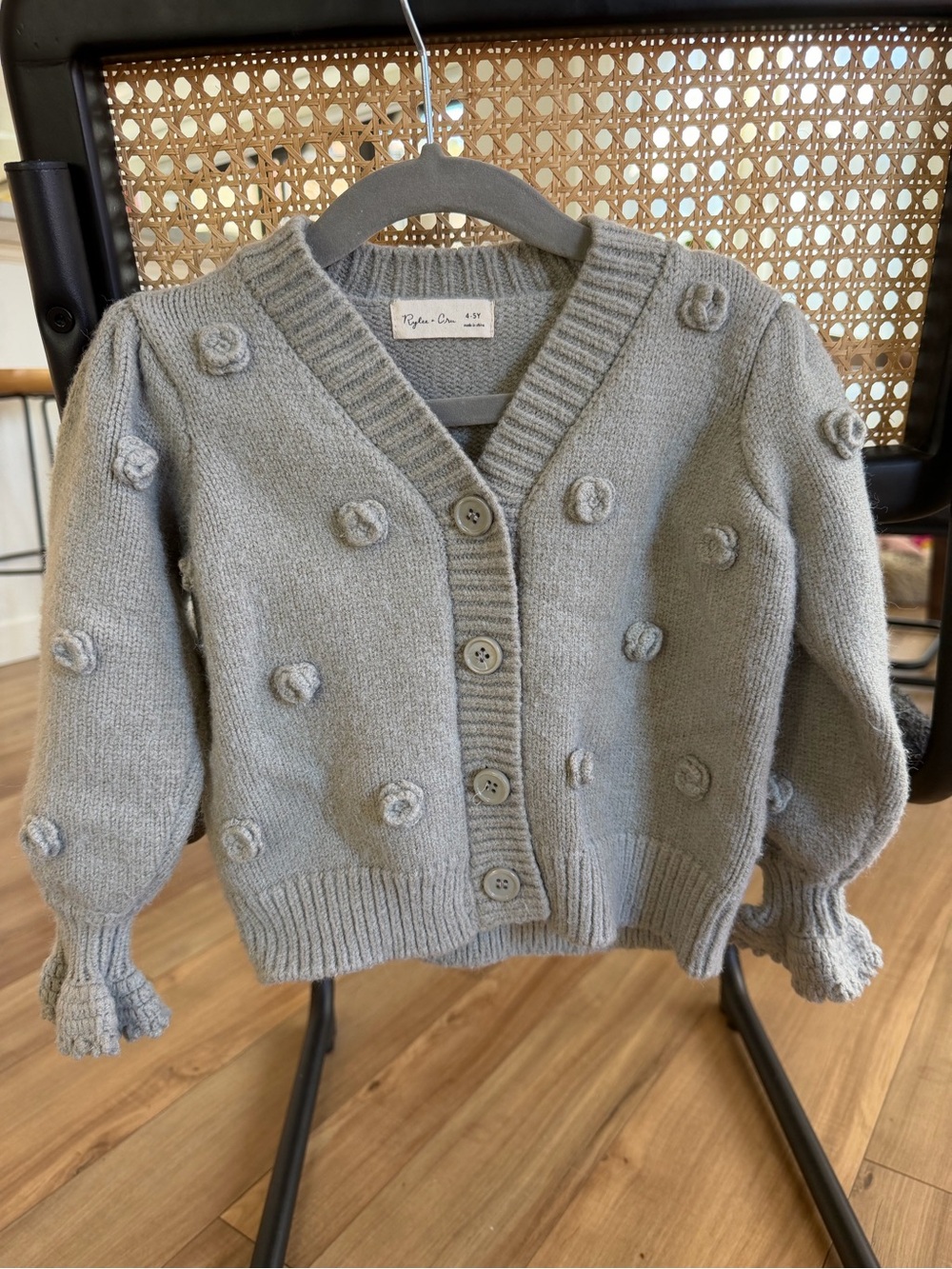 Rylee + Cru Light Gray Knit Cardigan with Rosette Details